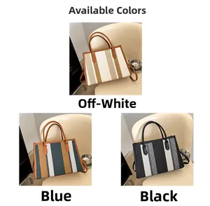 Detailed comparison of striped tote bags in beige, blue, and black on a textured chair