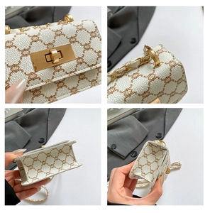 Detail of classic patterned leather crossbody bag with gold twist lock and chain strap