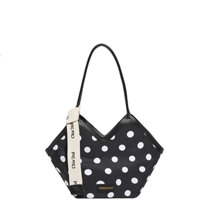 Retro black polka dot tote bag with alphabet ribbon and fashion branding