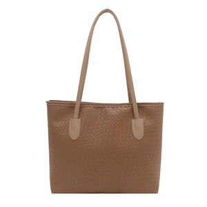 Minimalist large brown woven tote bag with slim shoulder straps for women's daily wear