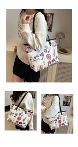 Détails du sac cabas blanc avec illustrations colorées sur le thème du voyage dessinées