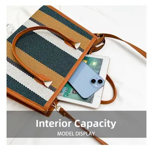 Detailed interior of striped woven tote bag showing large capacity for tablet and phone