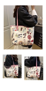 Vue détaillée d'un sac cabas sur le thème de Hong Kong avec motifs et anses roses