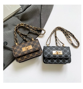 Detail of vintage square crossbody bags with chain straps and metal twist lock closure