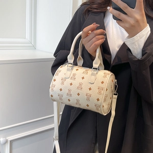 Retro Boston handbag with cartoon bear print and adjustable shoulder strap for women