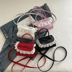 Mini PU Leather Crossbody Bag With Bowknot And Lace Trim Sweet Girly Small Square Handbag For Women Girls