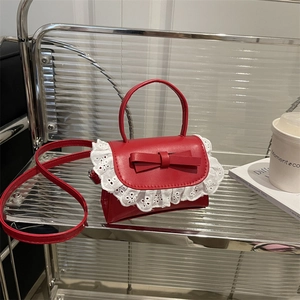Chic red square handbag with decorative bow and white lace trim for stylish girls