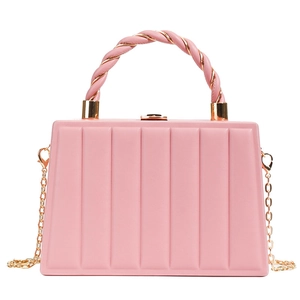 Pink wave-textured handbag with a metallic chain strap and woven top handle