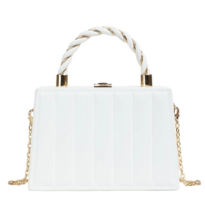 Elegant white wave textured hard case handbag with golden twist handle and chain strap