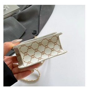 Detail view of mini crossbody chain bag with vintage monogram and accordion fold structure