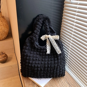 Popcorn Texture Pleated Shoulder Bag For Women Sweet Lace Bow Tote Bag Large Capacity Underarm Bag Shopping Handbag
