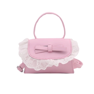 Pink mini bow handbag with floral lace trim and adjustable strap for shoulder or hand carry
