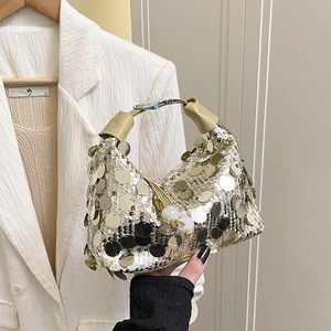 Chic gold sequin hobo shoulder bag with leather handle and stylish white bead pendant