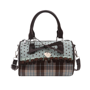 Retro sweet Boston bag with lace bow, star patterns, and plaid stitching detail
