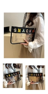 Detail of transparent PVC organizer bag featuring colorful embroidered SNACKS letters