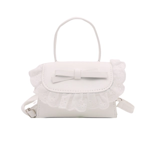 White mini crossbody bag with delicate lace trim and bow accent in a minimalist style