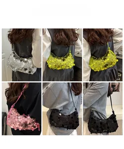 Collage of chic sequin shoulder bags in four vibrant colors worn by a model