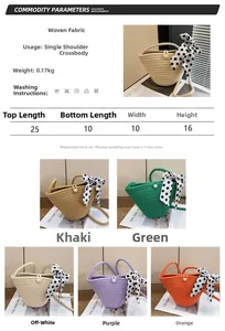Detailed size chart for the woven bucket bag with pearl handle and silk scarf accessory