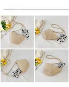 Detailed four-angle view of beige straw crossbody bag with pearl buckle and polka dot ribbon