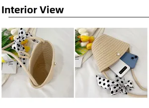 Detail of beige woven straw bag interior showing capacity for phone and power bank