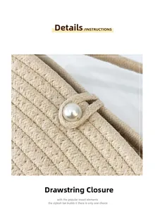 Detail of woven straw bucket bag showing rope closure and decorative pearl button