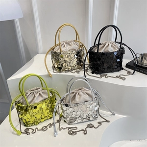 Sequin Bucket Bag For Women PU Leather Crossbody Handbag With Drawstring Metal Chain Strap Party Fashion Accessory