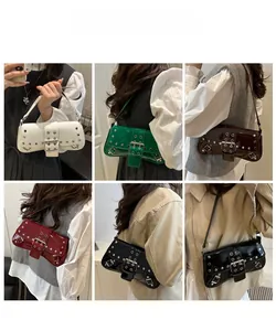 Model display of punk rivet shoulder bags in five colors with glossy patent finish