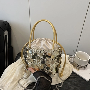 Sequin drawstring bucket bag with gold handle and silver chain strap for women