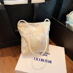 Elegant Chinese style white embroidered tote bag with traditional landscape patterns