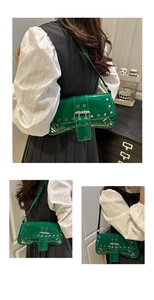 Detailed views of a green patent leather shoulder bag with metal studs and buckles