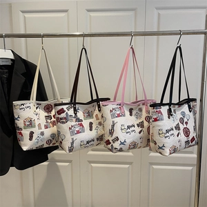 Sac Cabas Femme Grande Capacité Cuir PU Illustration Urbaine Dessin Animé Imprimé Graffiti Sac Bandoulière
