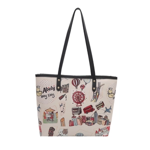 Sac cabas Abely Hong Kong avec illustrations de ville et poignées en cuir noir