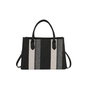 Striped canvas tote bag with black leather handles and long shoulder strap in large size