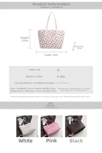 Detailed sizing chart and material specifications for floral print PU tote handbag