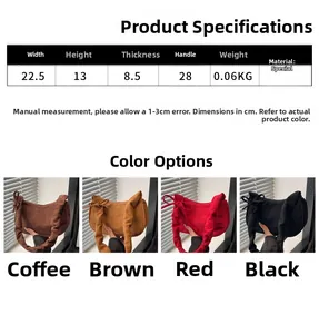 Détail de quatre sacs sous les bras texturés en marron, rouge et noir avec dimensions