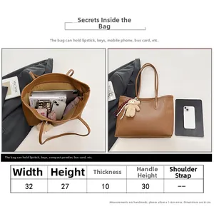 Detailed size chart for retro brown tote bag with large capacity and teddy bear charm