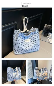 Détail du sac cabas matelassé bleu avec imprimé nœuds noirs et étiquette de mode