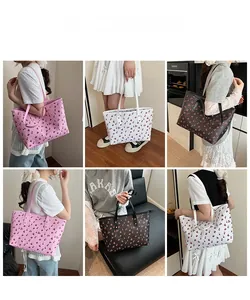 Collage of cherry print PU tote bags in pink, white, and black colors for women