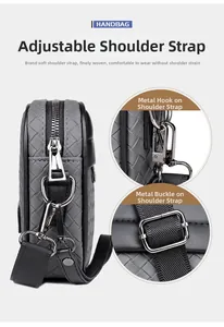 Detalle de bolso bandolera gris trenzado con correa ajustable y ganchos de metal plata