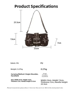 Detailed size specifications for leopard print studded PU leather y2k shoulder bag