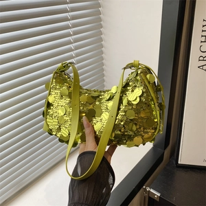 Chic lime green sequin underarm bag with crescent shape and metallic large round sequins