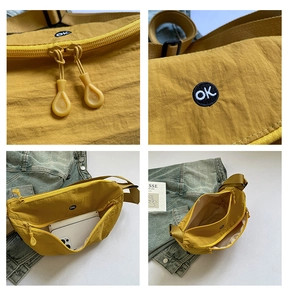 Detailed views of yellow nylon crossbody bag with OK embroidery and inner zipper pocket