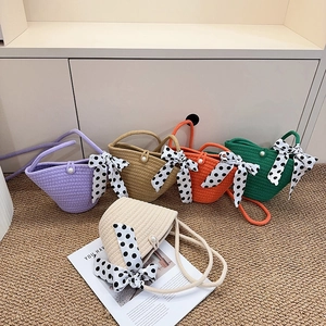 Handwoven Straw Bucket Bag With Polka Dot Scarf Ribbon And Artificial Pearl Button Retro Vacation Crossbody Handbag For Women