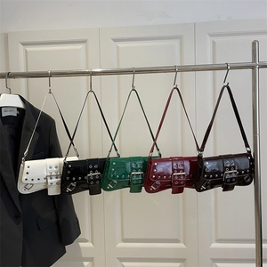 Women Patent Leather Underarm Shoulder Bag Y2K Punk Style With Silver Rivets And Metal Buckle Retro Trendy Handbag