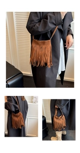 Detail view of brown suede bucket bag with long fringe tassels from multiple angles