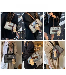 Collage schicker Tragetaschen in Khaki, Schwarz und Jeansblau mit süßen Bärenanhängern