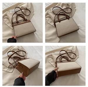 Collage of a canvas and leather tote showing front, top, side and bottom views