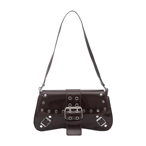 Y2K punk style dark chocolate patent leather underarm bag with silver studs and buckles