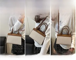 Beige woven and brown leather tote bag shown in handheld, shoulder, and crossbody styles