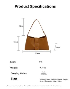 Brown PU shoulder bag dimensions showing 33cm width and 18cm height with strap details